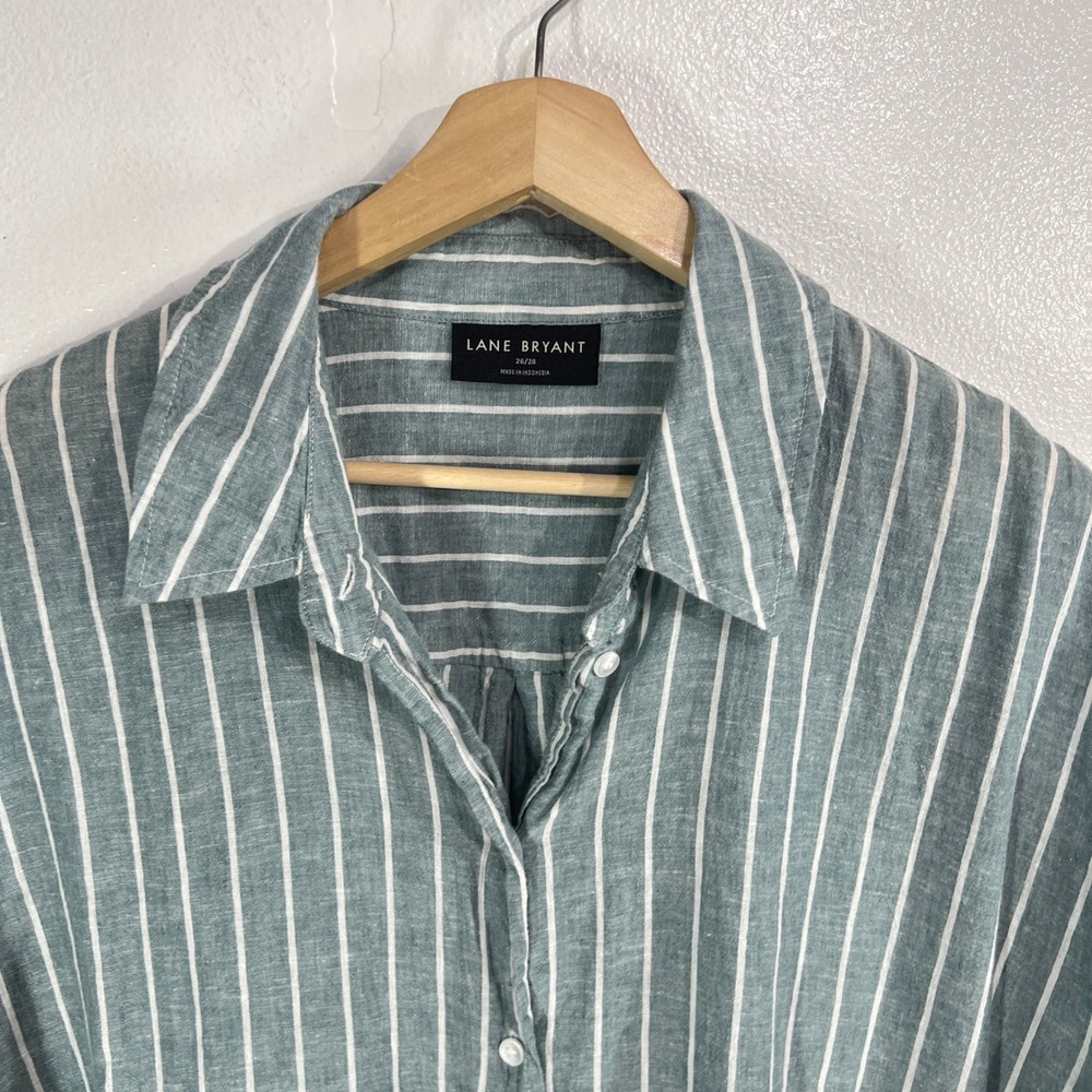 Lane Bryant Green White Striped Linen Blend Button Down Tunic Top 26/28 Coastal - Picture 7 of 12